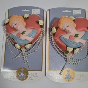 Victorian Style Plush Heart Pearl Female Ceramic Bust Blonde Rose Lot 2